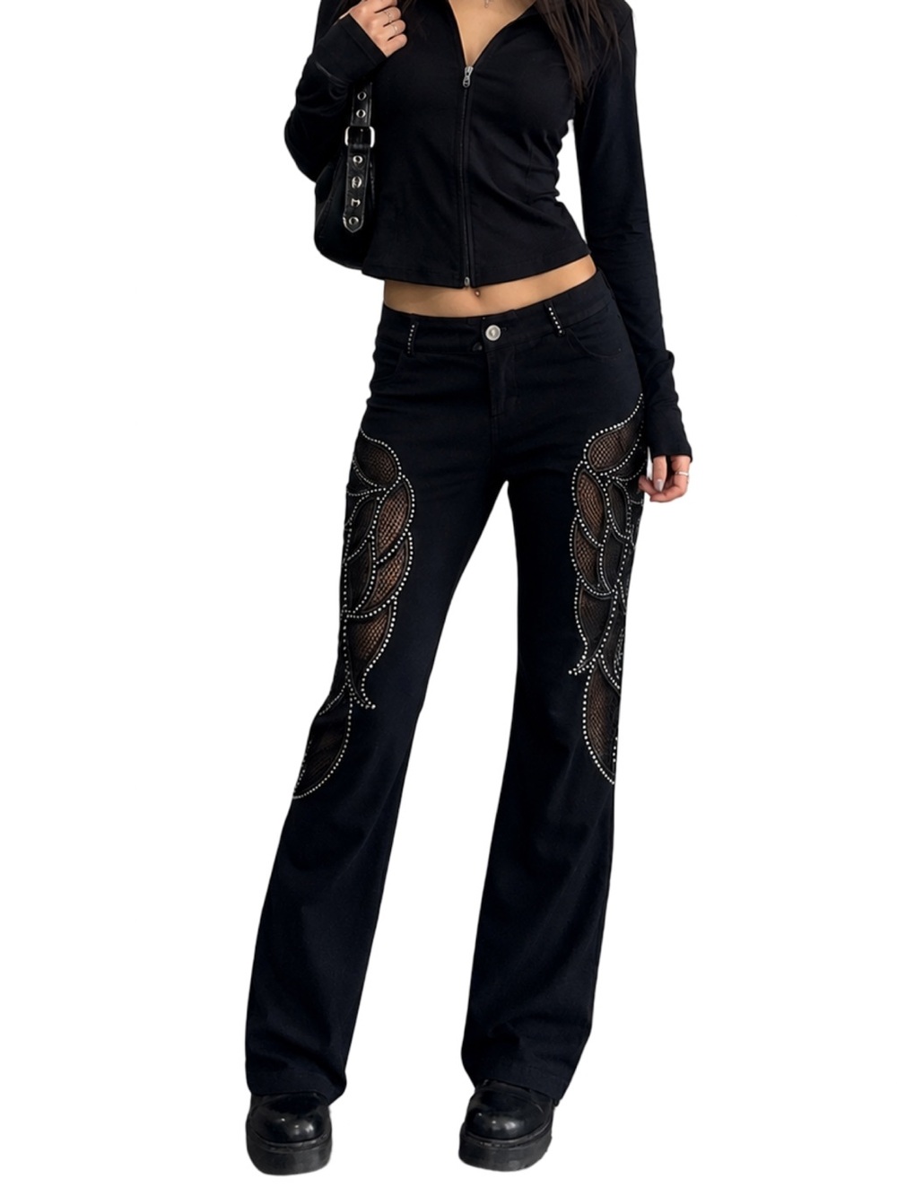 Platinum Plush Studded Embellished Mesh Cutout Wings Bootcut Pants XL Black NWT